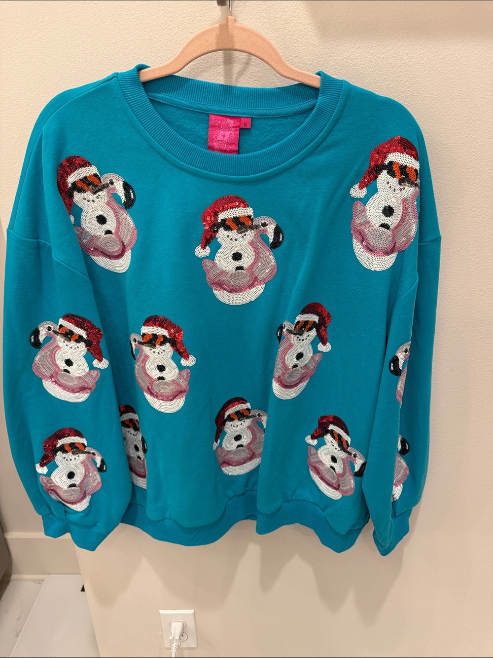 QUEEN OF SPARKLES Teal Sequin Snowman Crewneck Sweater